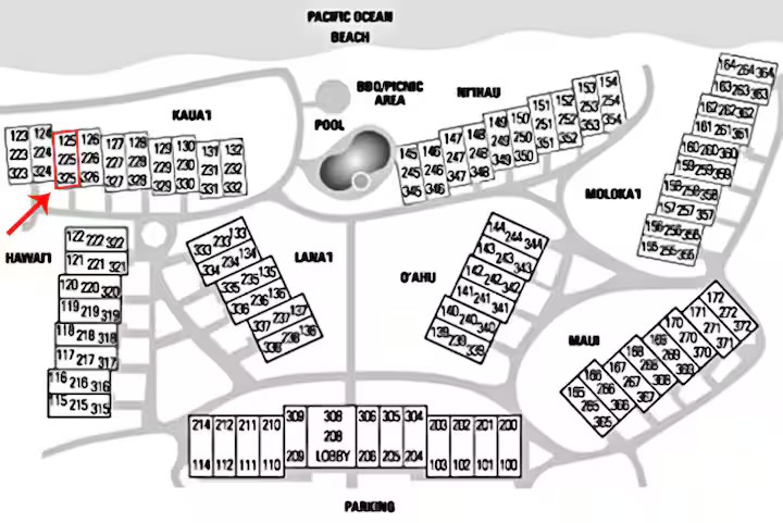 Map of Islander on the Beach showing the Kauai Building and Unit 325